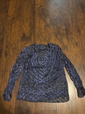 Women's White House Black Market Blue Patterned Long-Sleeve Blouse with Ties